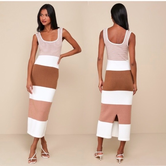 Lulus Dresses & Skirts - Lulus NWT Easily Gorgeous Ivory and Brown Striped Midi Sweater Dress, Size XS